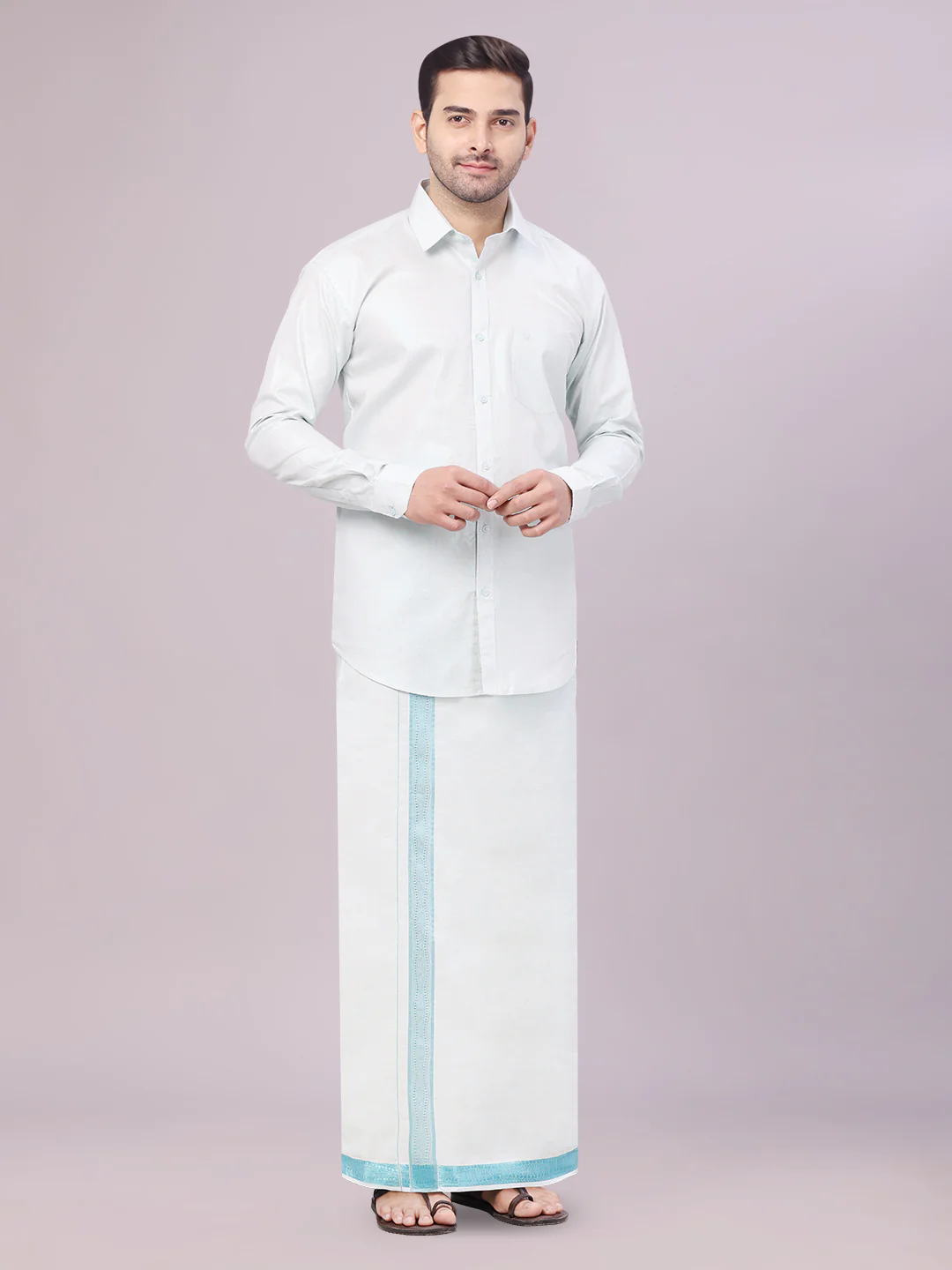 Mens Tissue Mint Blue Shirt with Jacquard Fancy Border Dhoti Wedding Combo Nios - Image 3