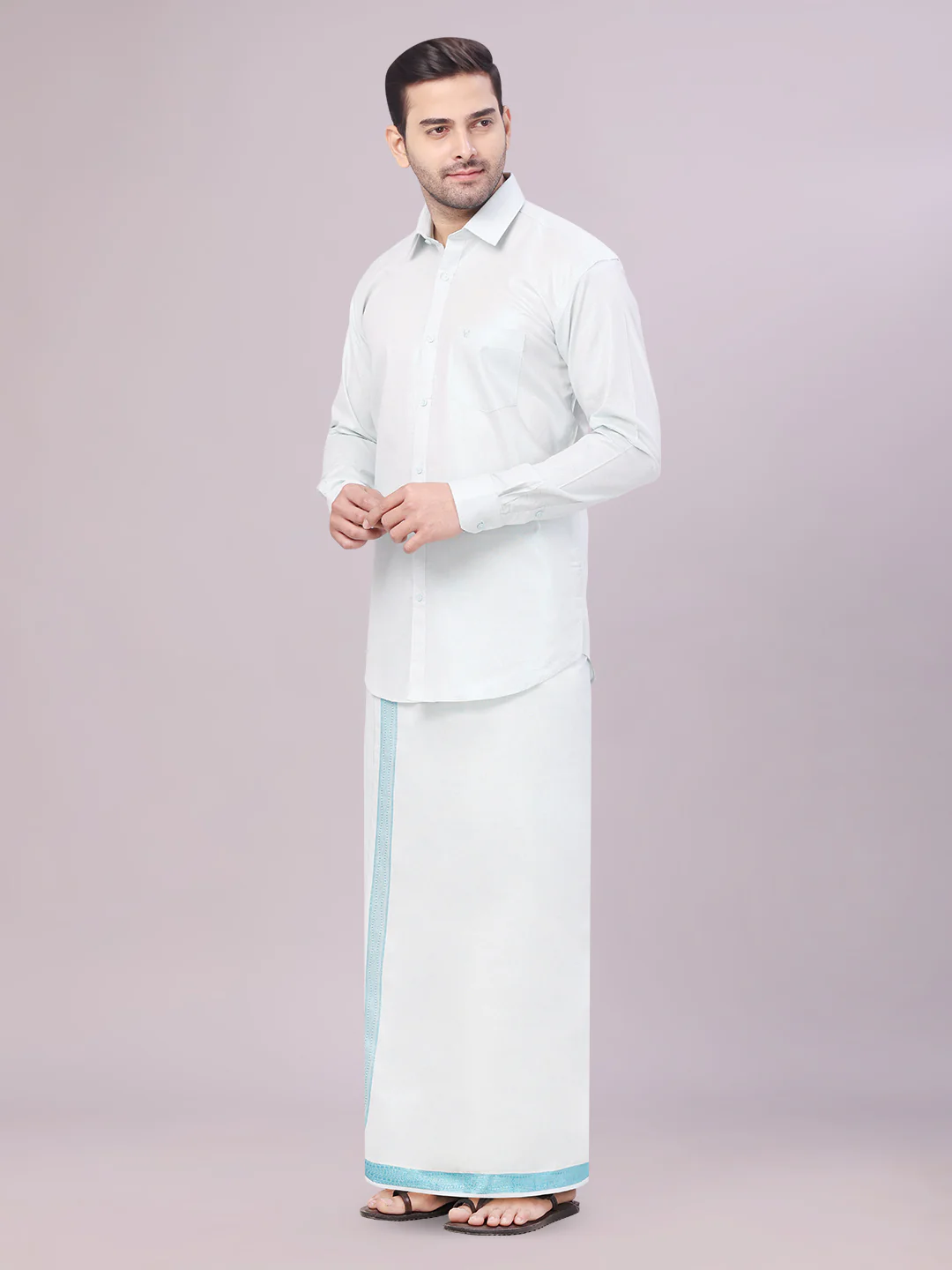 Mens Tissue Mint Blue Shirt with Jacquard Fancy Border Dhoti Wedding Combo Nios - Image 4