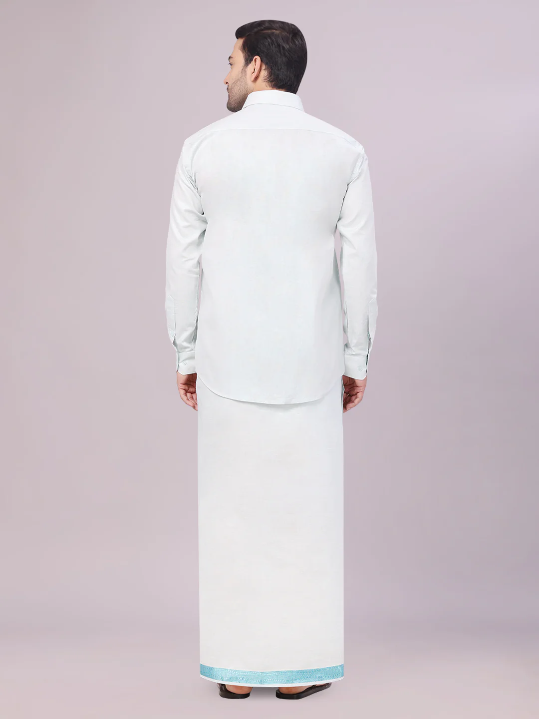 Mens Tissue Mint Blue Shirt with Jacquard Fancy Border Dhoti Wedding Combo Nios - Image 5