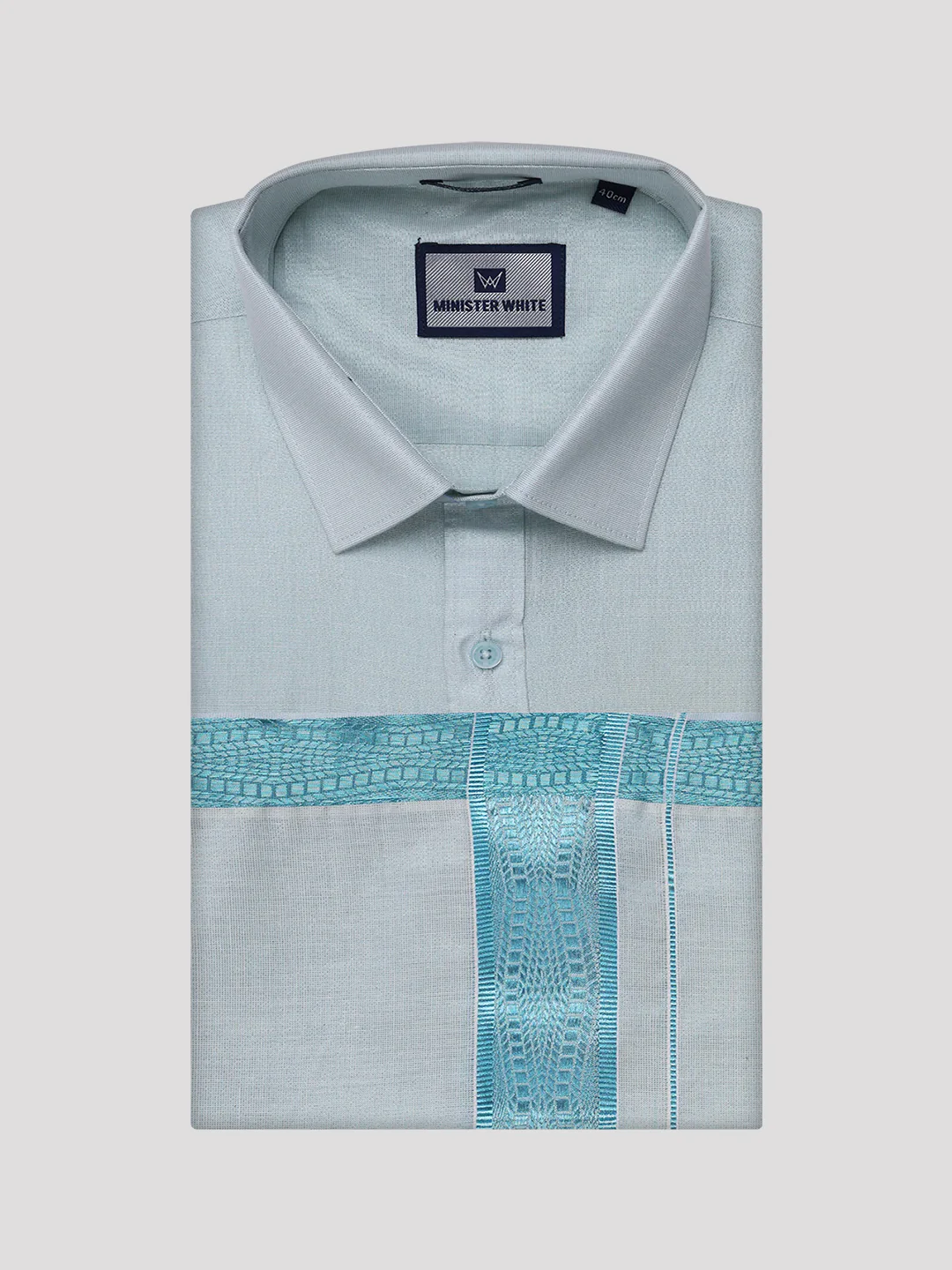 Mens Tissue Mint Blue Shirt with Jacquard Fancy Border Dhoti Wedding Combo Nios - Image 8