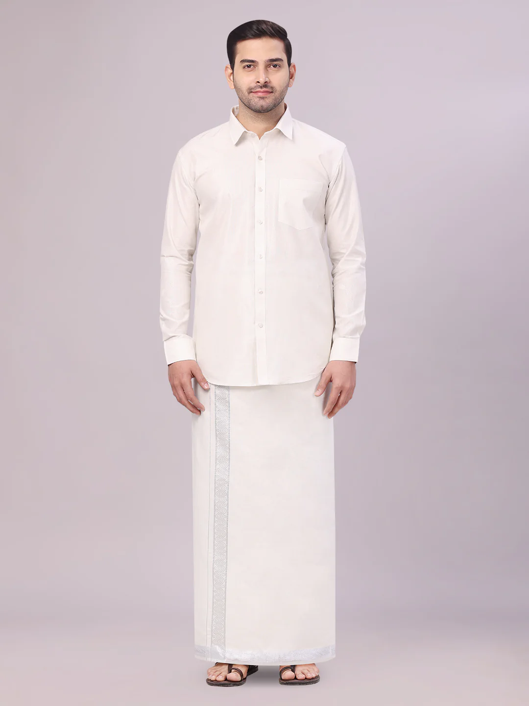 Mens Tissue Silver Shirt with Jacquard Fancy Border Dhoti Wedding Combo Nios