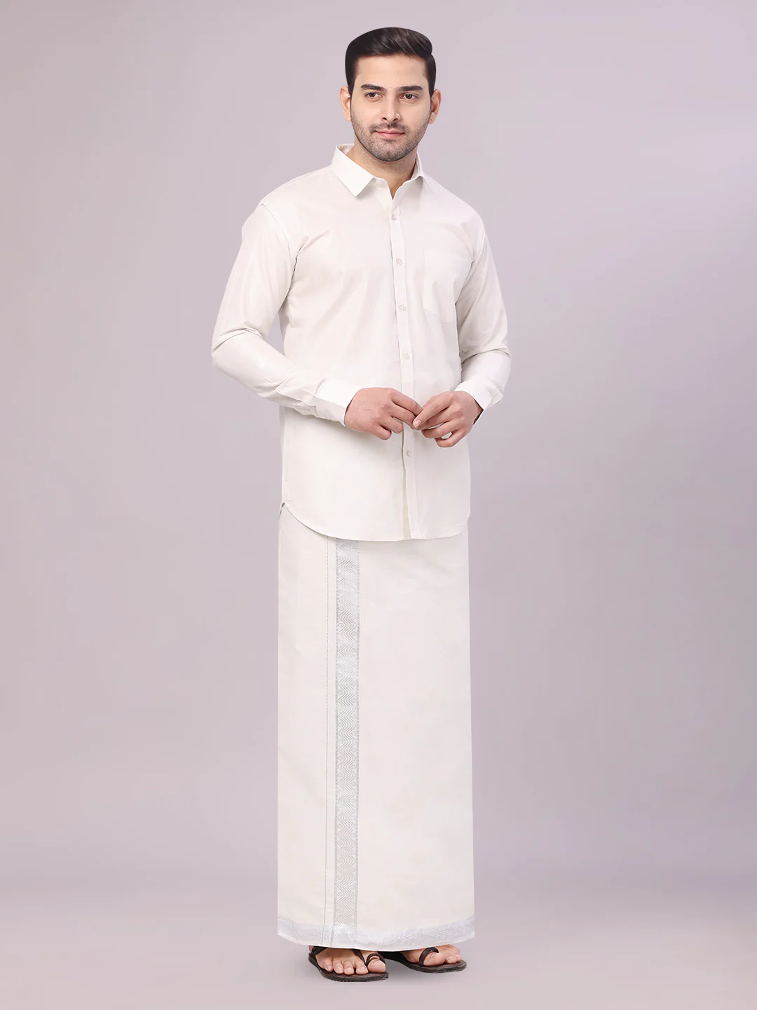 Mens Tissue Silver Shirt with Jacquard Fancy Border Dhoti Wedding Combo Nios - Image 2