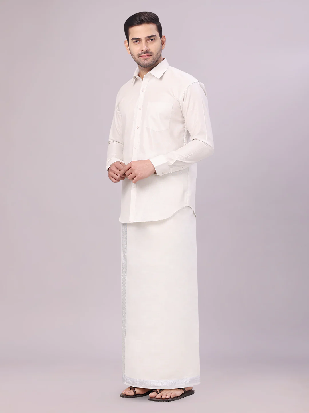Mens Tissue Silver Shirt with Jacquard Fancy Border Dhoti Wedding Combo Nios - Image 3