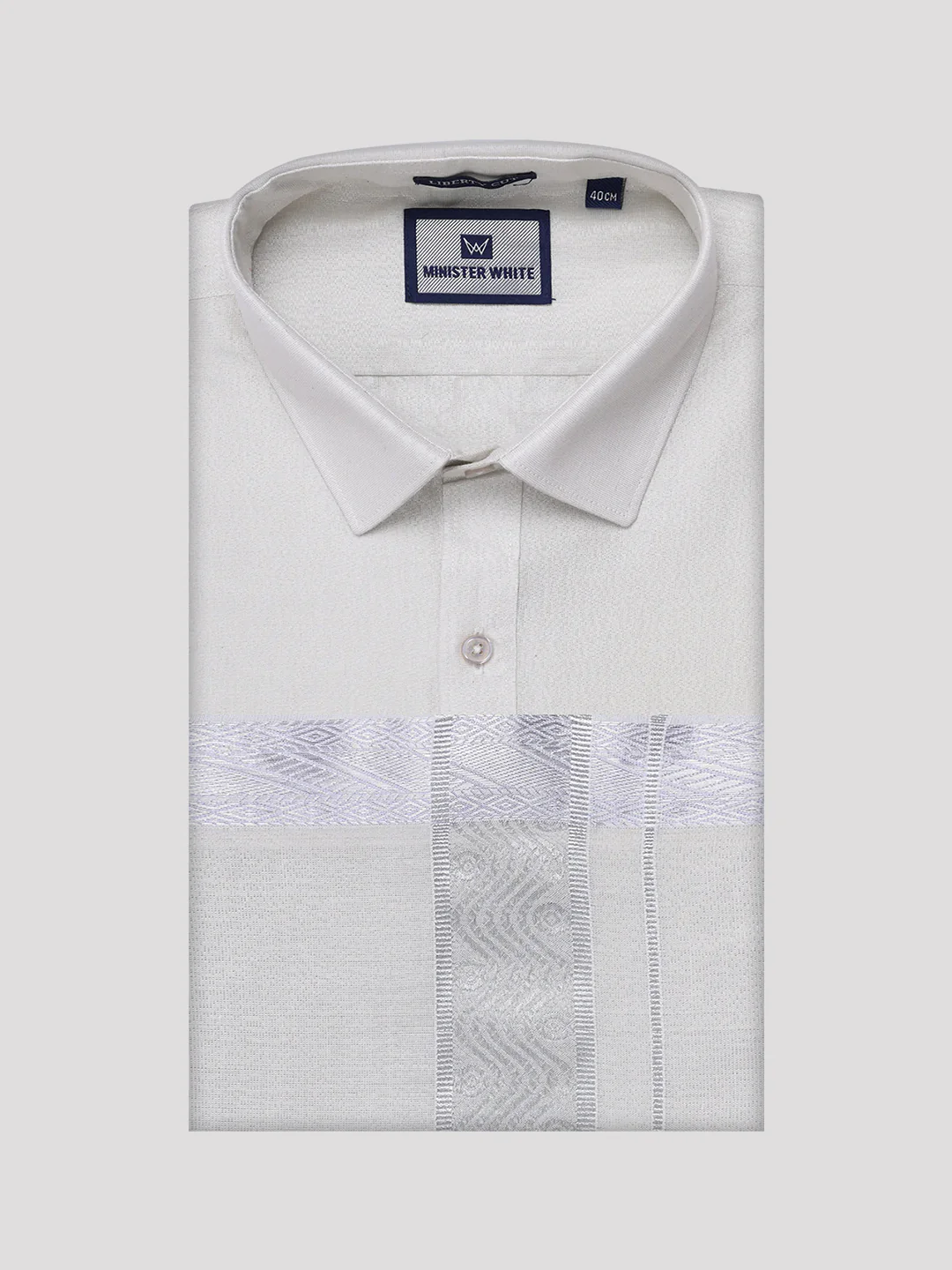 Mens Tissue Silver Shirt with Jacquard Fancy Border Dhoti Wedding Combo Nios - Image 7