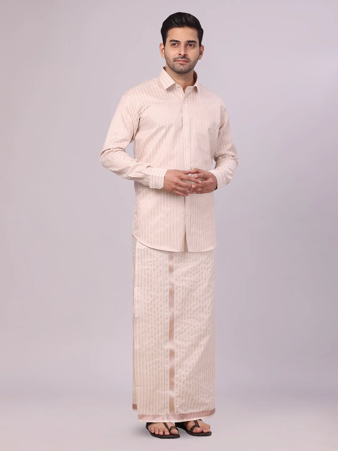 Men's Tissue Stripes Almond Shirt & Jari Border Dhoti Wedding Combo Finely - Image 2
