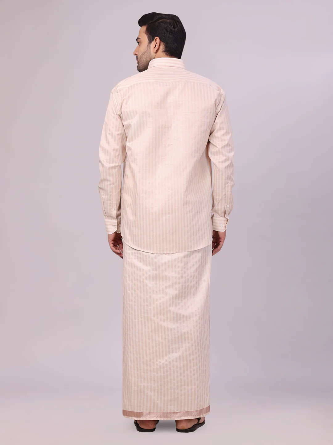 Men's Tissue Stripes Almond Shirt & Jari Border Dhoti Wedding Combo Finely - Image 4