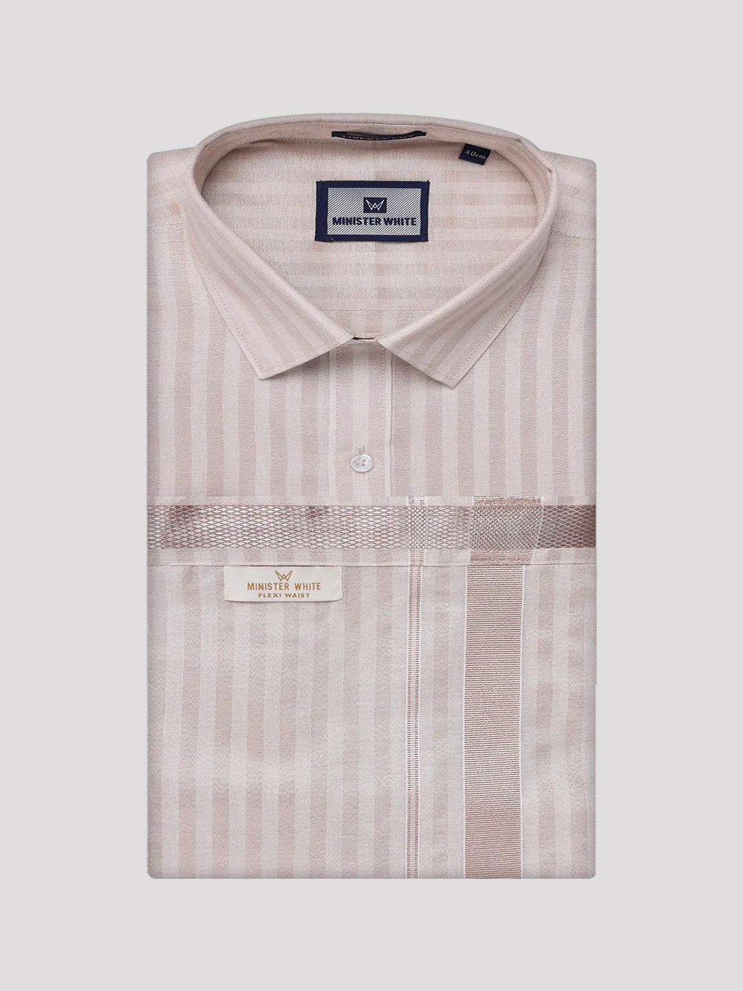Men's Tissue Stripes Almond Shirt & Jari Border Flexi Dhoti Wedding Combo Finely - Image 7