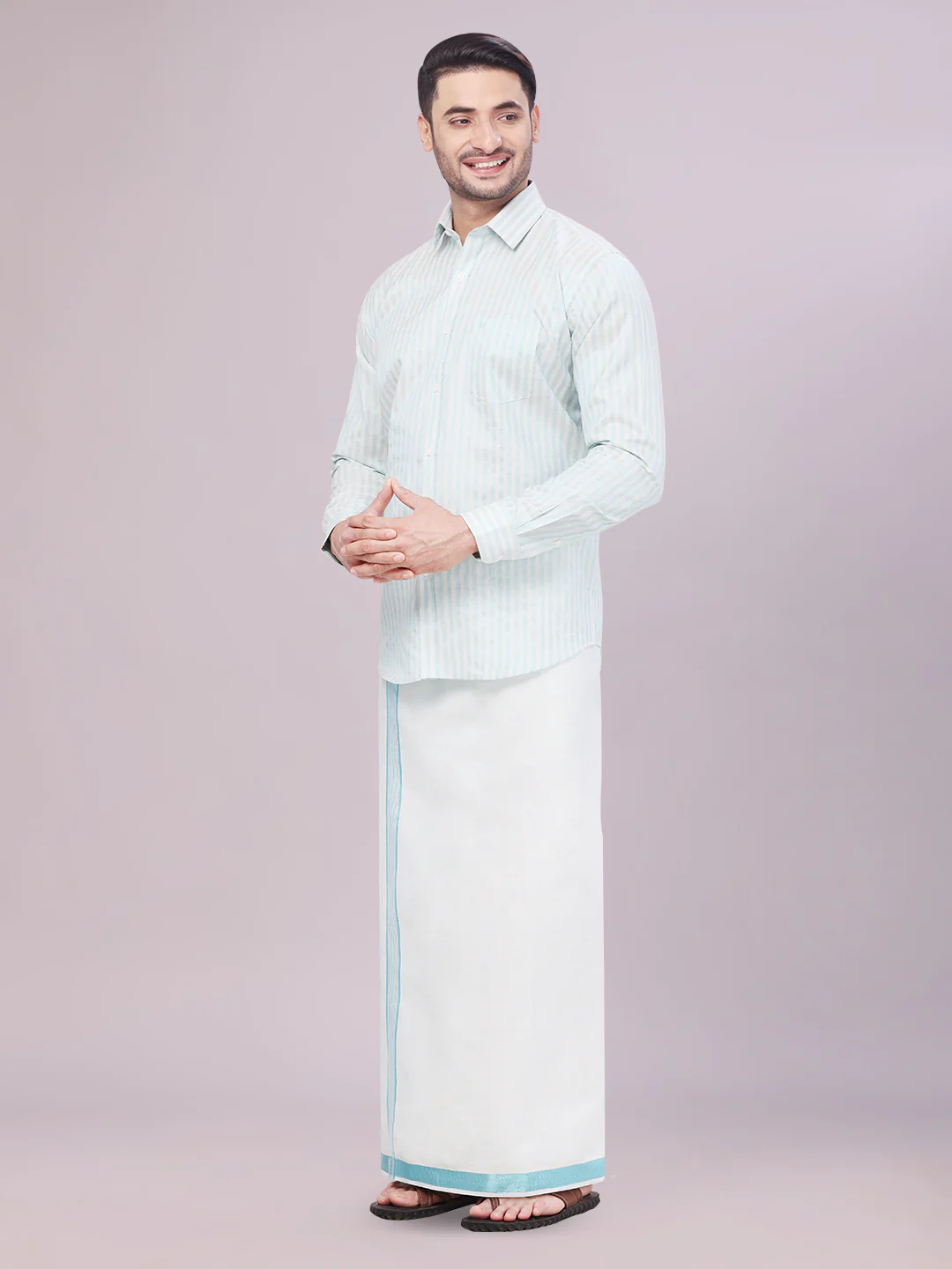 Mens Tissue Stripes Mint Blue Shirt with Plain Jari Border Dhoti Wedding Combo Carter - Image 3