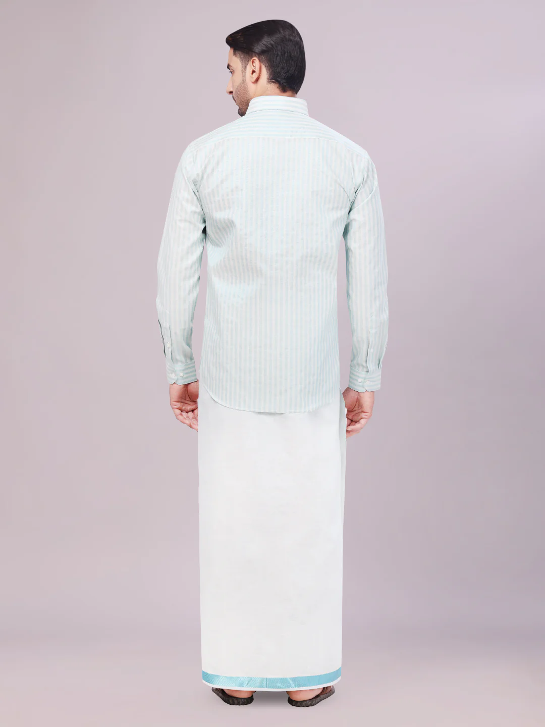 Mens Tissue Stripes Mint Blue Shirt with Plain Jari Border Dhoti Wedding Combo Carter - Image 4