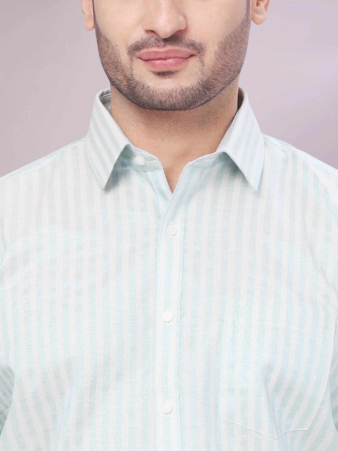 Mens Tissue Stripes Mint Blue Shirt with Plain Jari Border Dhoti Wedding Combo Carter - Image 5