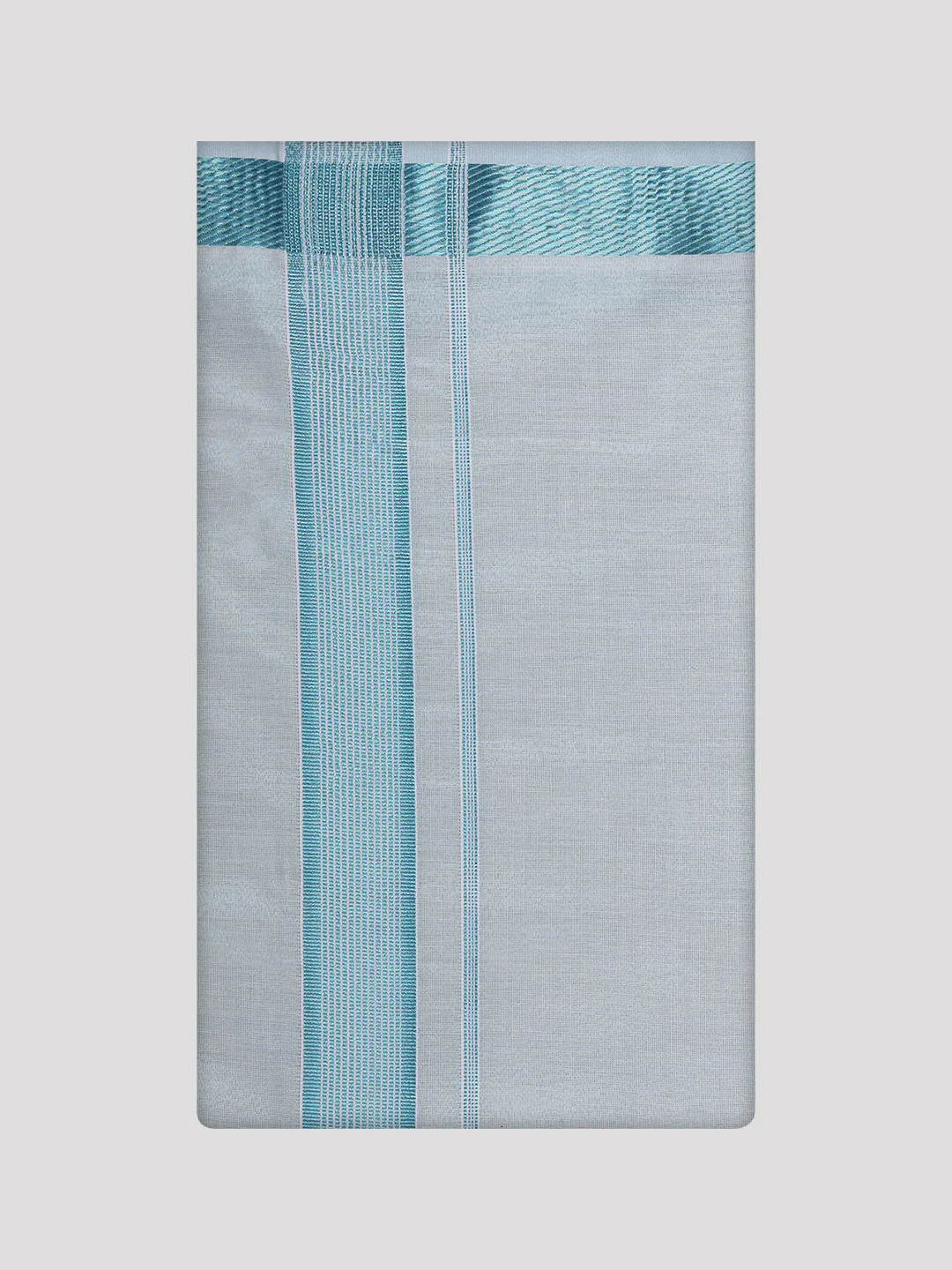 Mens Tissue Stripes Mint Blue Shirt with Plain Jari Border Dhoti Wedding Combo Carter - Image 8