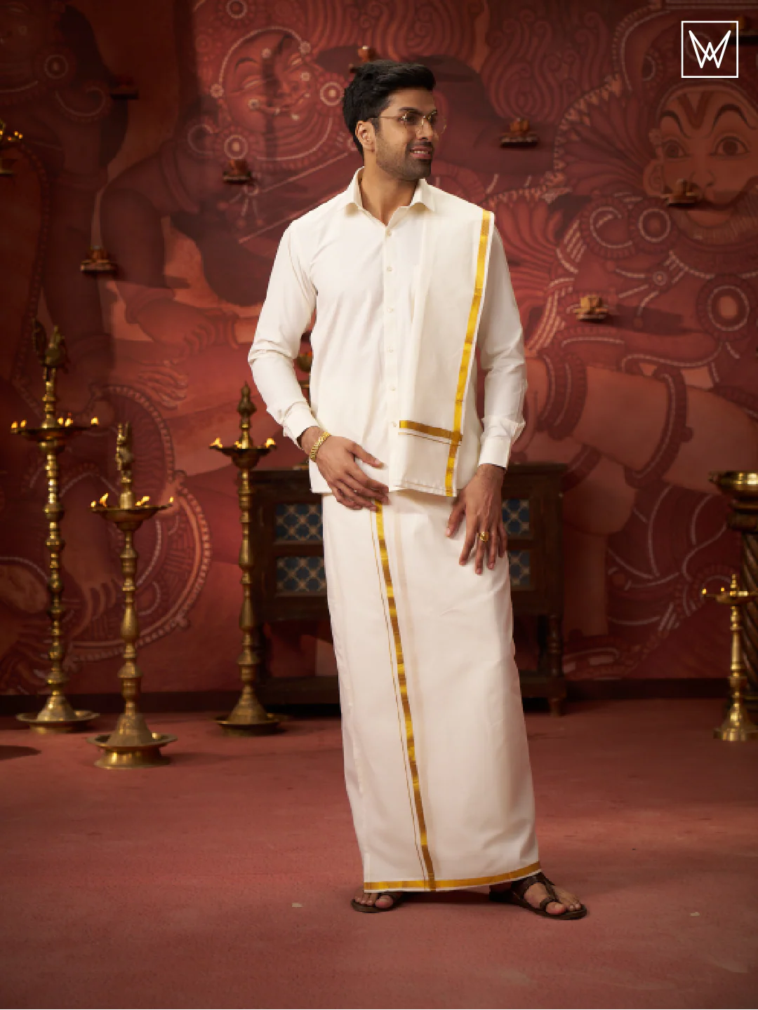 Mens Pure Cotton Wedding Cream Shirt with Flexi Waist Gold Jari Dhoti and Towel Combo - Anandham Cream - Image 3