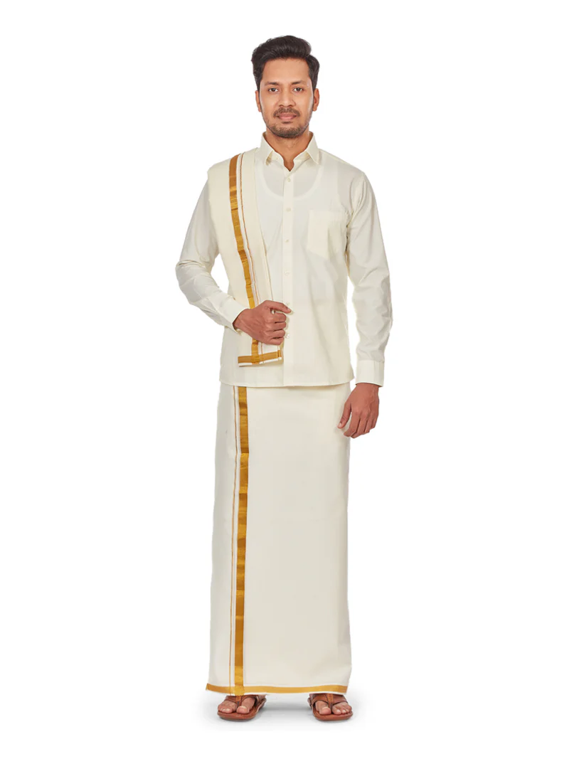 Mens Pure Cotton Wedding Cream Shirt with Flexi Waist Gold Jari Dhoti and Towel Combo - Anandham Cream - Image 4
