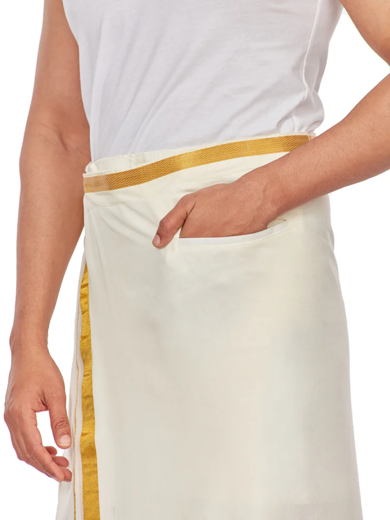 Mens Pure Cotton Wedding Cream Shirt with Flexi Waist Gold Jari Dhoti and Towel Combo - Anandham Cream - Image 5