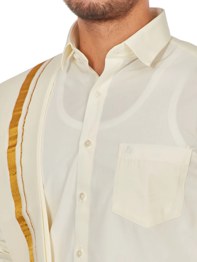 Mens Pure Cotton Wedding Cream Shirt with Flexi Waist Gold Jari Dhoti and Towel Combo - Anandham Cream - Image 6