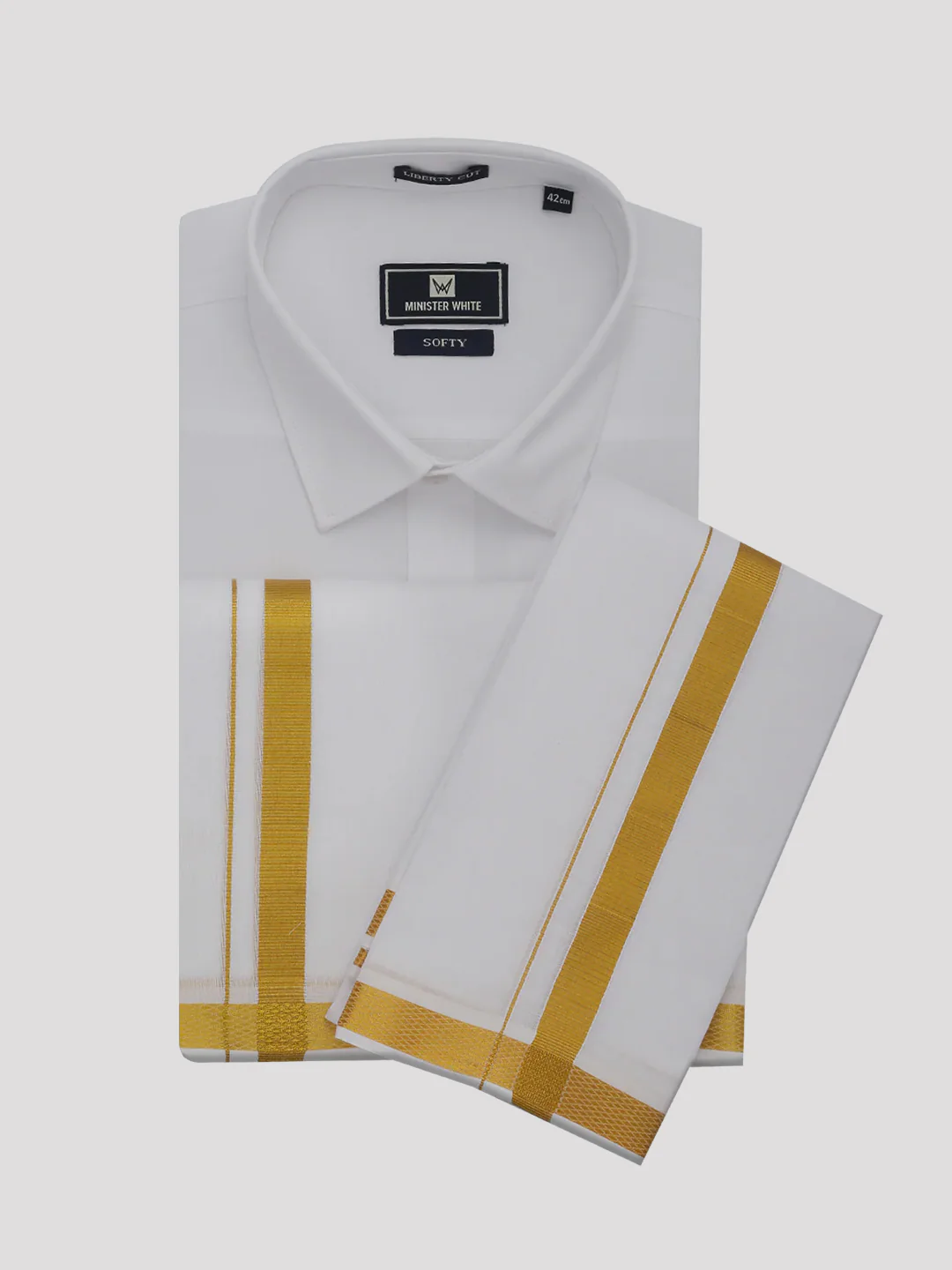 Mens Pure Cotton White Wedding Shirt Gold Jari Dhoti Towel Combo - Santham White - Image 3