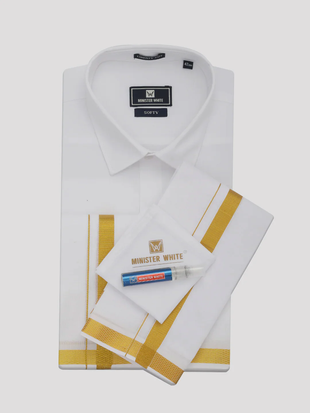 Mens Pure Cotton White Wedding Shirt Gold Jari Dhoti Towel Combo - Santham White - Image 4