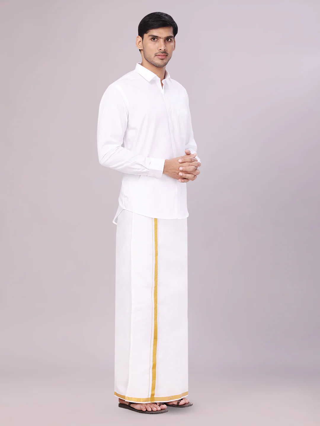 Mens Pure Cotton Wedding White Shirt with Flexi Waist Gold Jari Dhoti and Towel Combo - Anandham White - Image 3