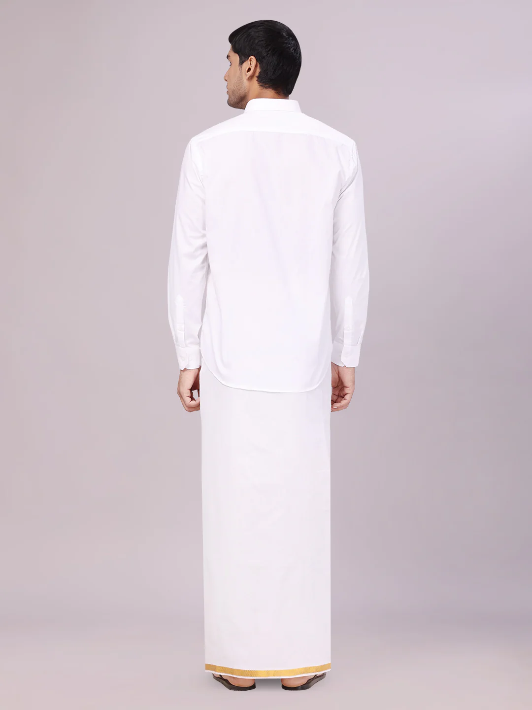 Mens Pure Cotton Wedding White Shirt with Flexi Waist Gold Jari Dhoti and Towel Combo - Anandham White - Image 5