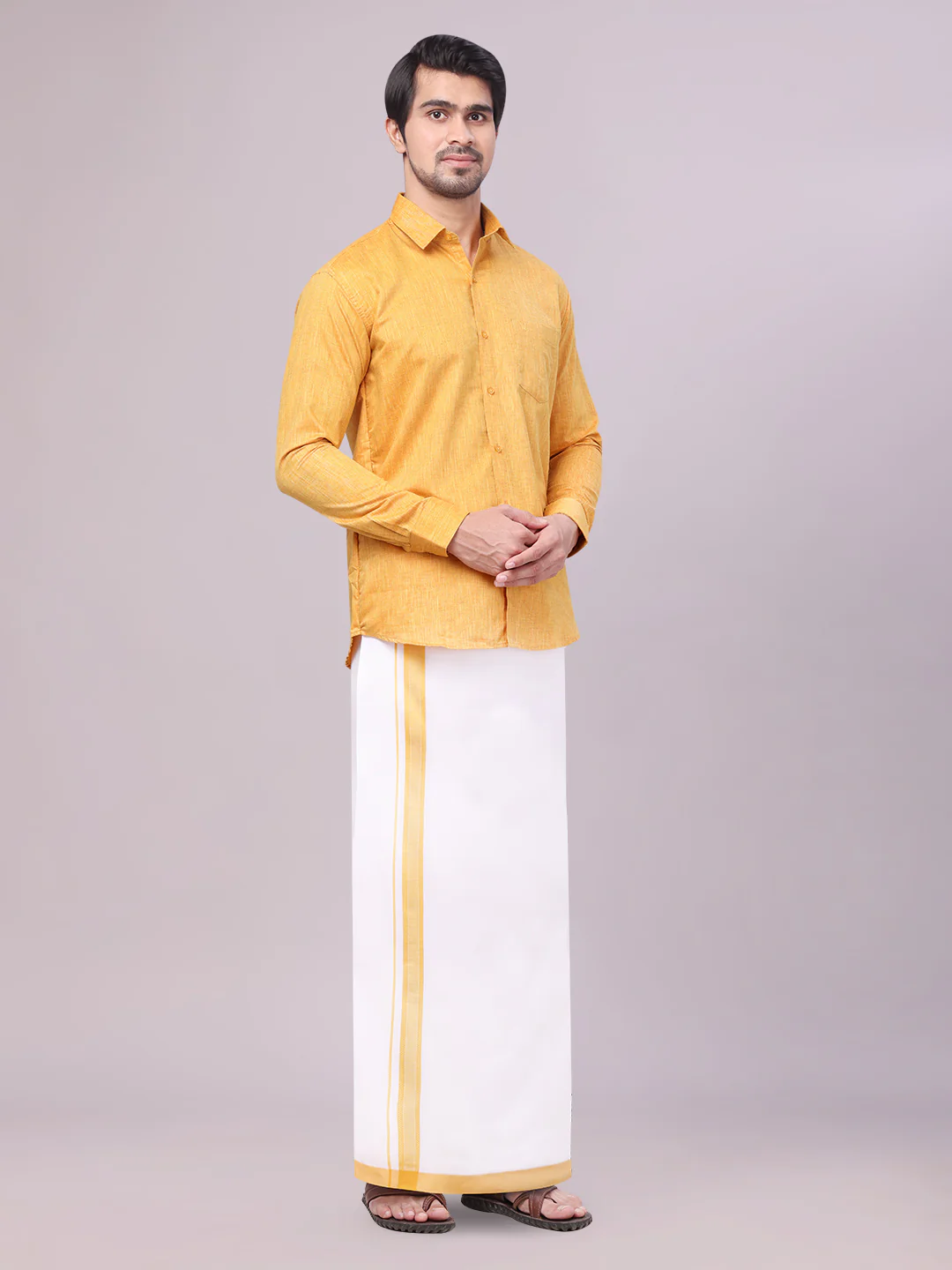 Mens Mustard Colour Shirt with Matching Fancy Border Dhoti Combo Lemax - Image 3