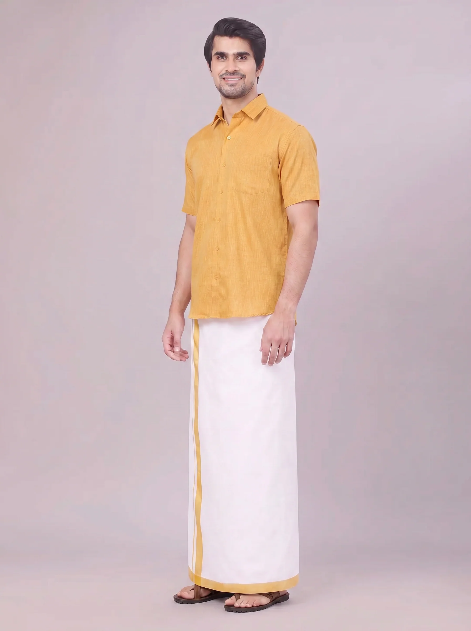 Mens Mustard Colour Shirt with Matching Fancy Border Dhoti Combo Lemax - Image 4