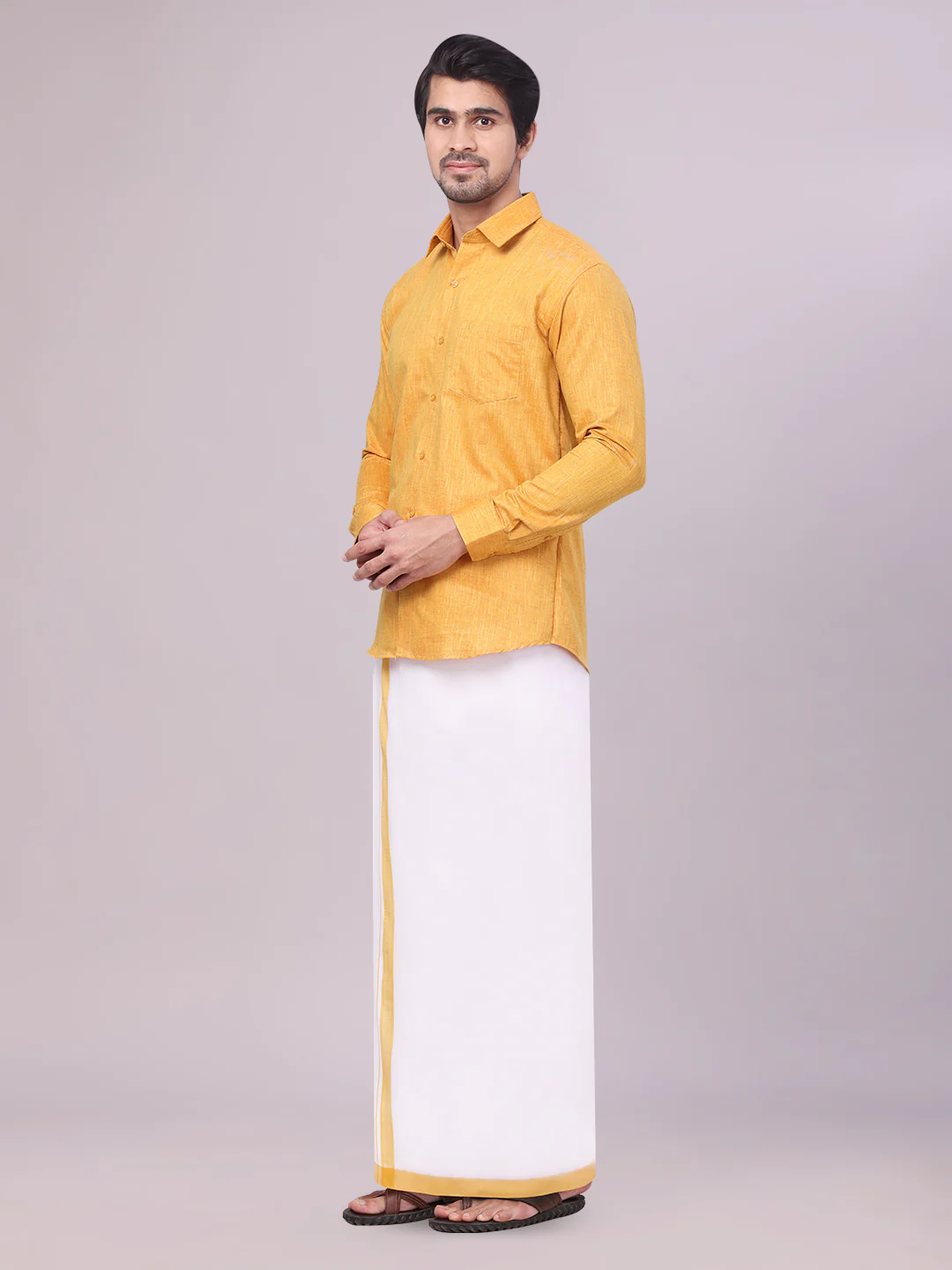 Mens Mustard Colour Shirt with Matching Fancy Border Dhoti Combo Lemax - Image 5