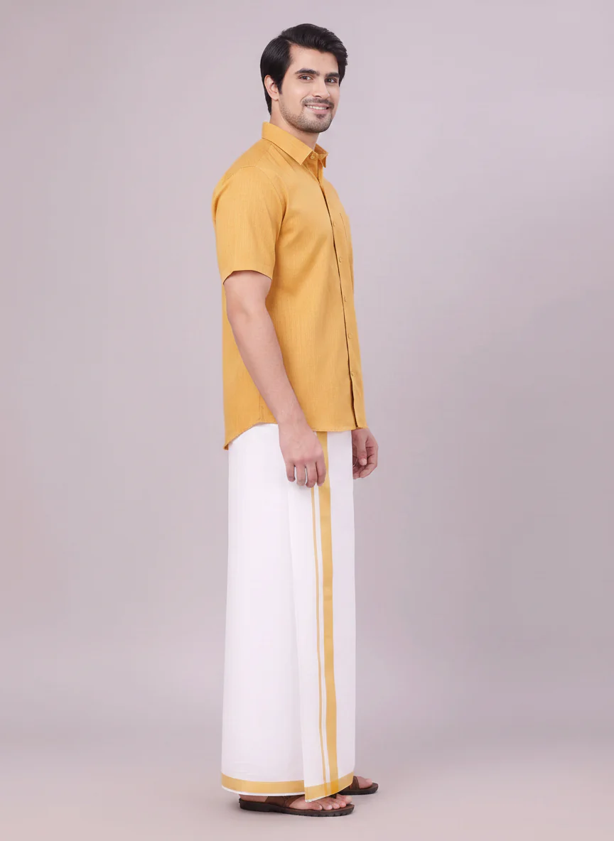 Mens Mustard Colour Shirt with Matching Fancy Border Dhoti Combo Lemax - Image 6