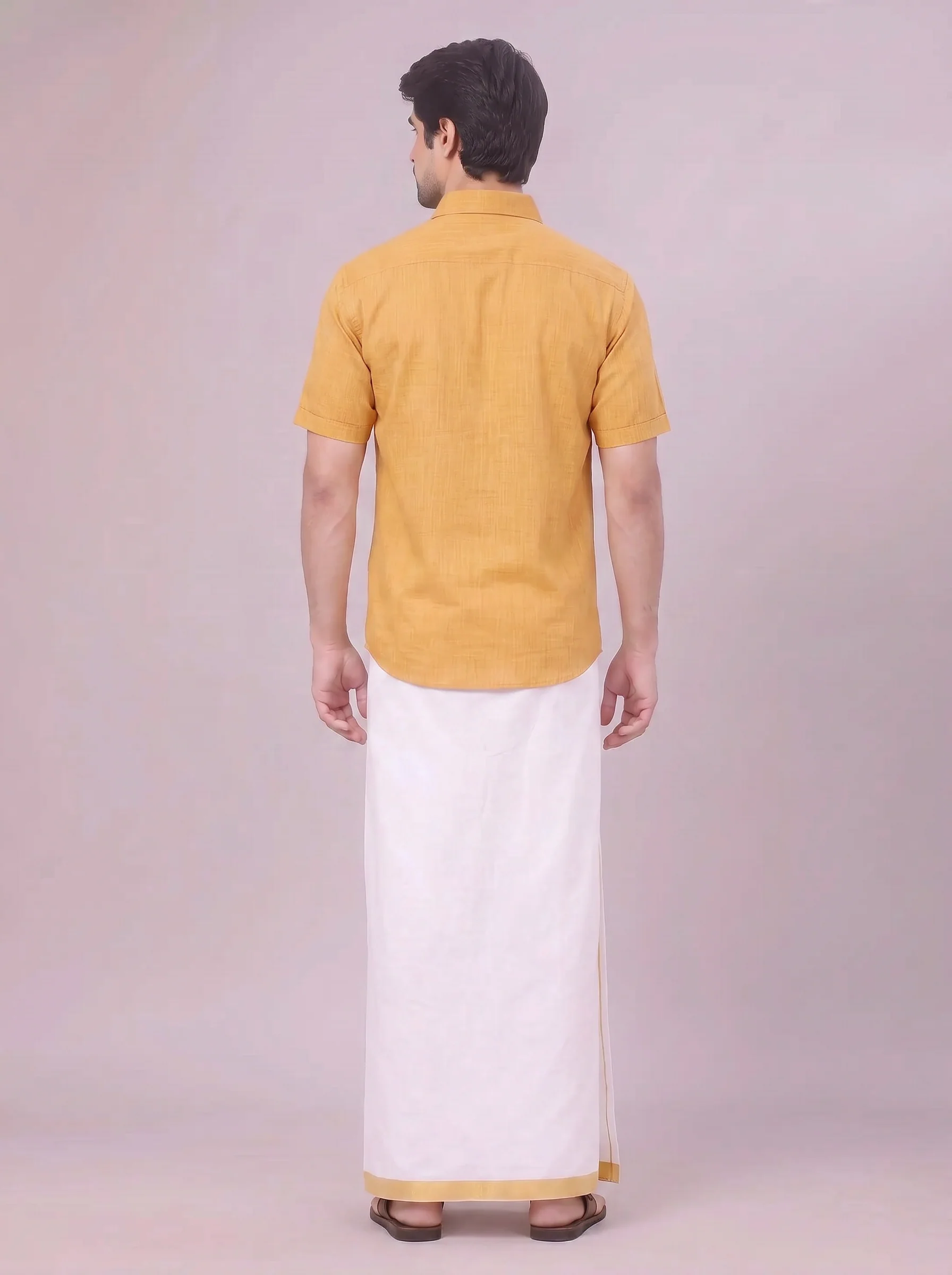 Mens Mustard Colour Shirt with Matching Fancy Border Dhoti Combo Lemax - Image 8