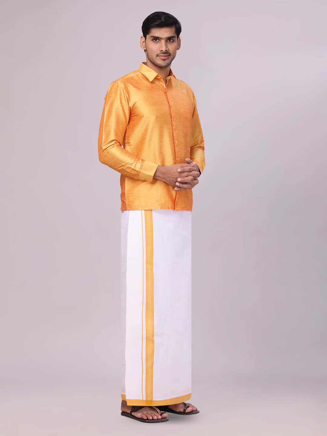 Mens Golden Yellow Dupion Satin Color Shirt with Matching Border Dhoti Combo Gora - Image 3