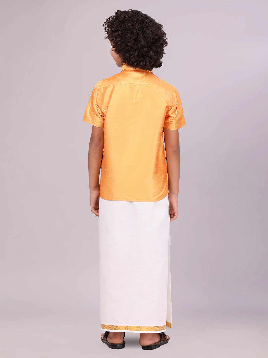 Boys Golden Yellow Color Half Sleeves Shirt with Gold Jari Flexi Dhoti Adorable Boy - Image 4