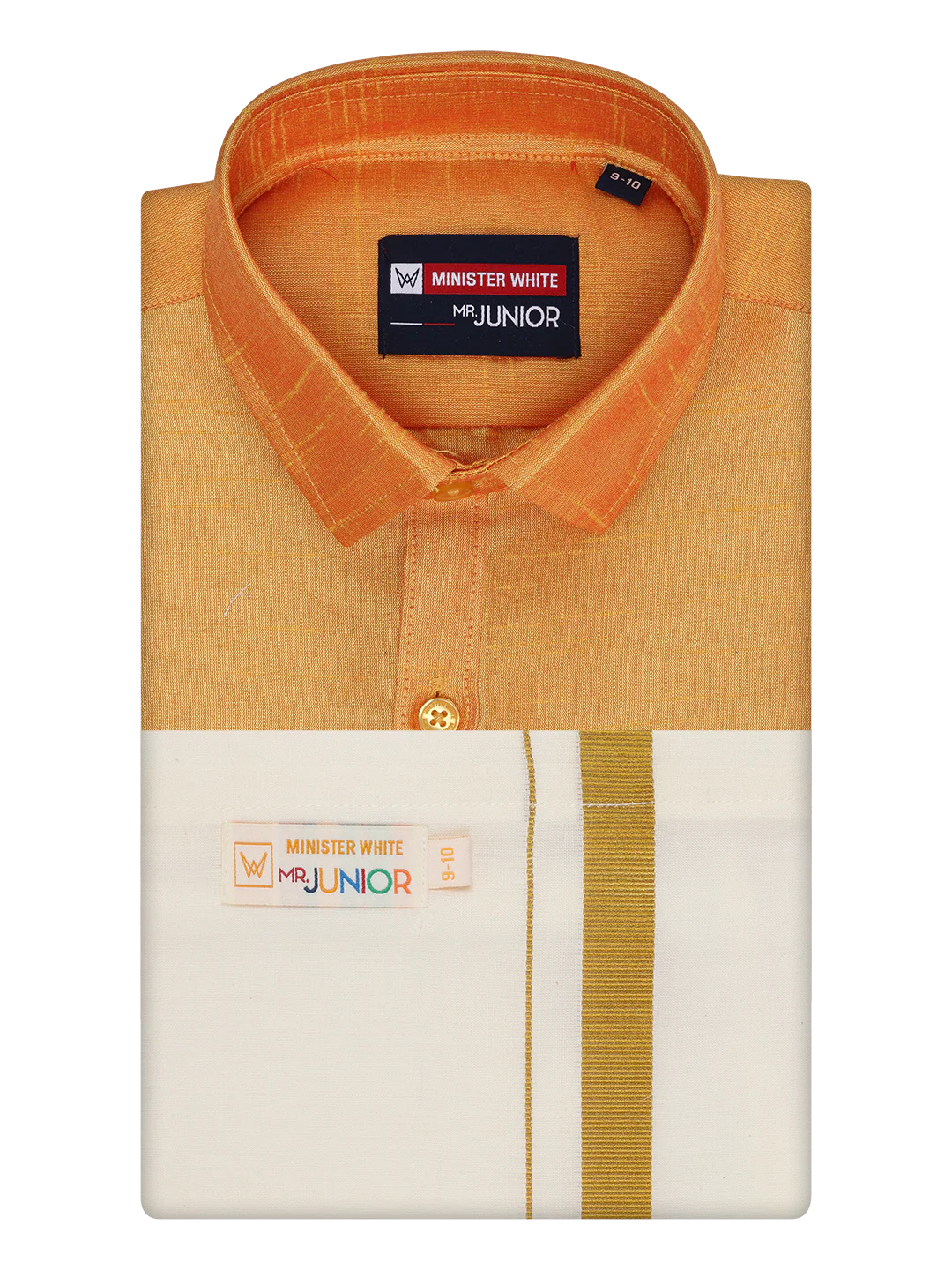 Boys Golden Yellow Color Half Sleeves Shirt with Gold Jari Flexi Dhoti Adorable Boy - Image 6