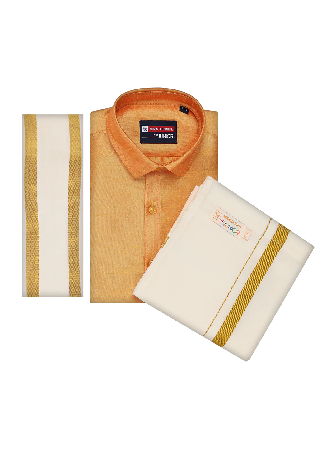 Boys Golden Yellow Color Half Sleeves Shirt with Gold Jari Flexi Dhoti Adorable Boy - Image 9