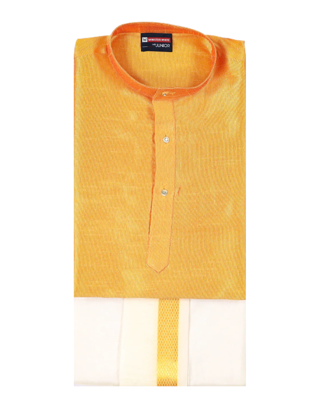 Boys Orange Colour Kurtha with Gold Jari Panchakacham Combo Chitrang - Image 3
