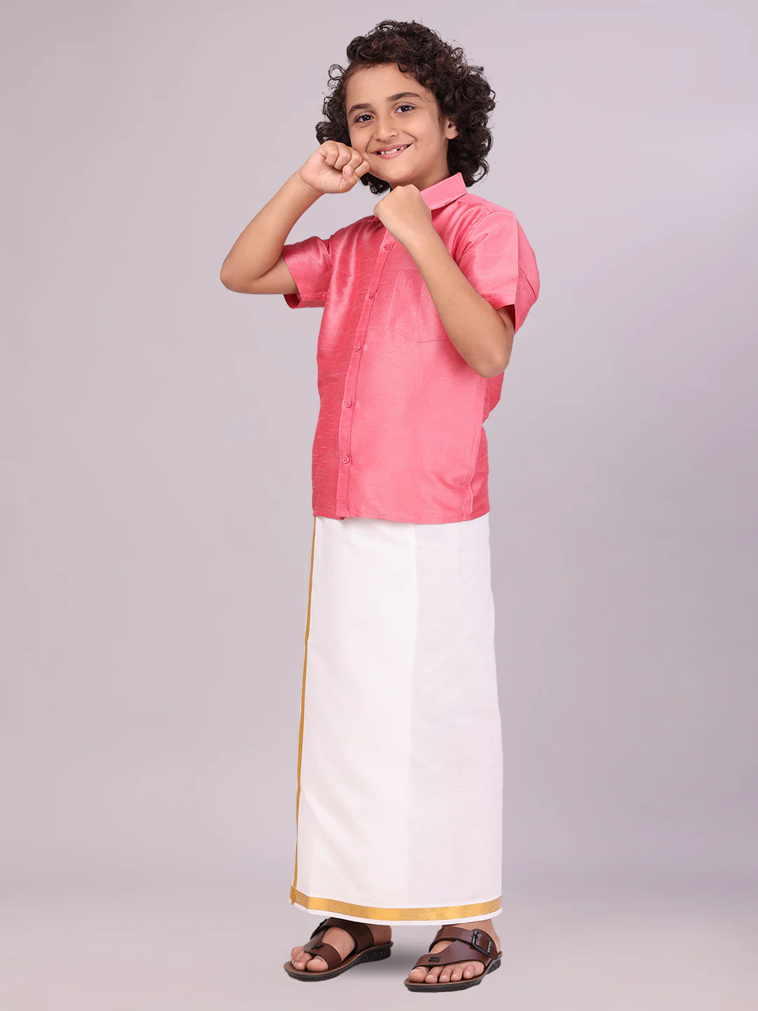 Boys Pink Color Half Sleeves Shirt with Gold Jari Flexi Dhoti Adorable Boy - Image 3