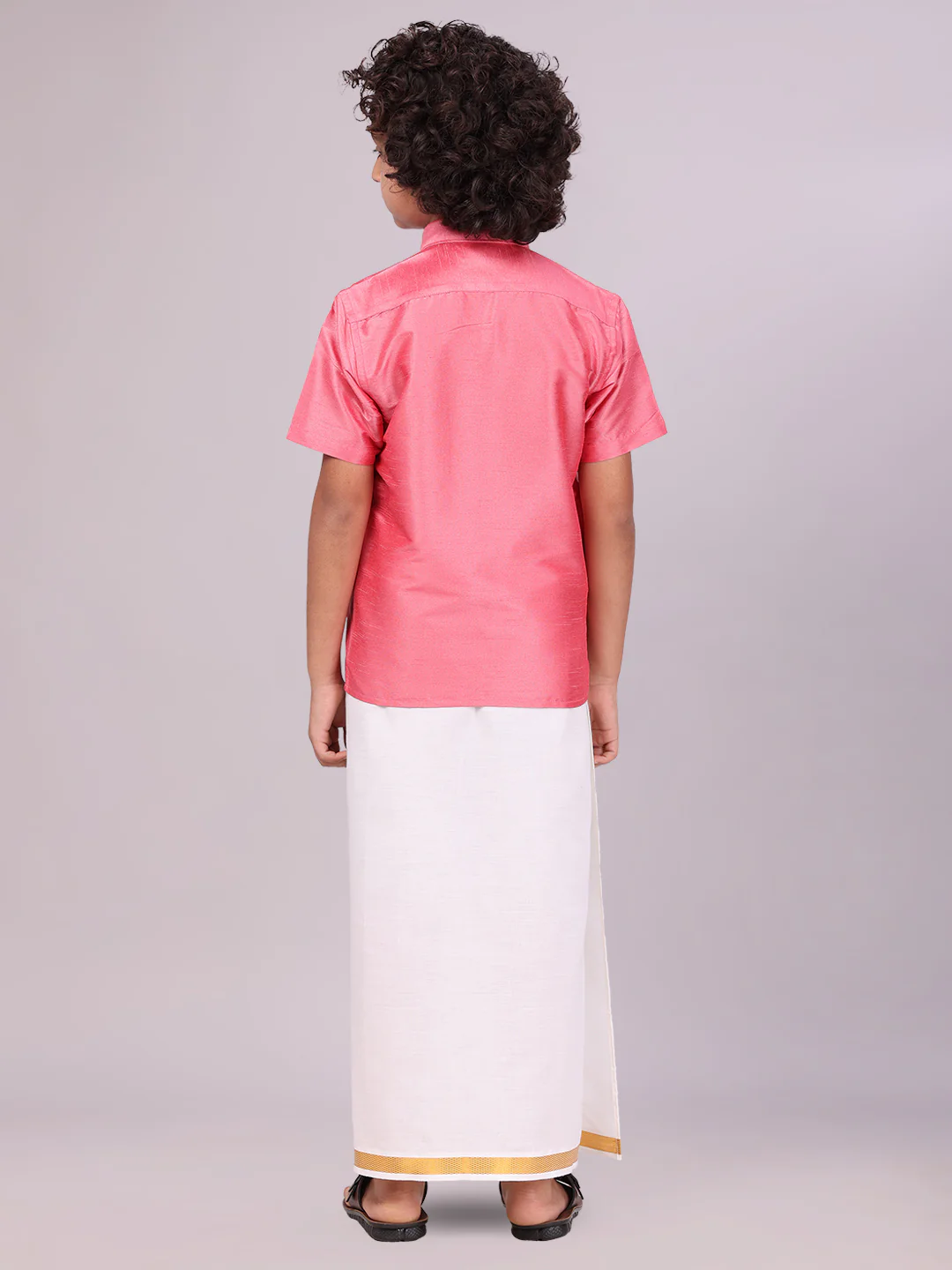 Boys Pink Color Half Sleeves Shirt with Gold Jari Flexi Dhoti Adorable Boy - Image 4