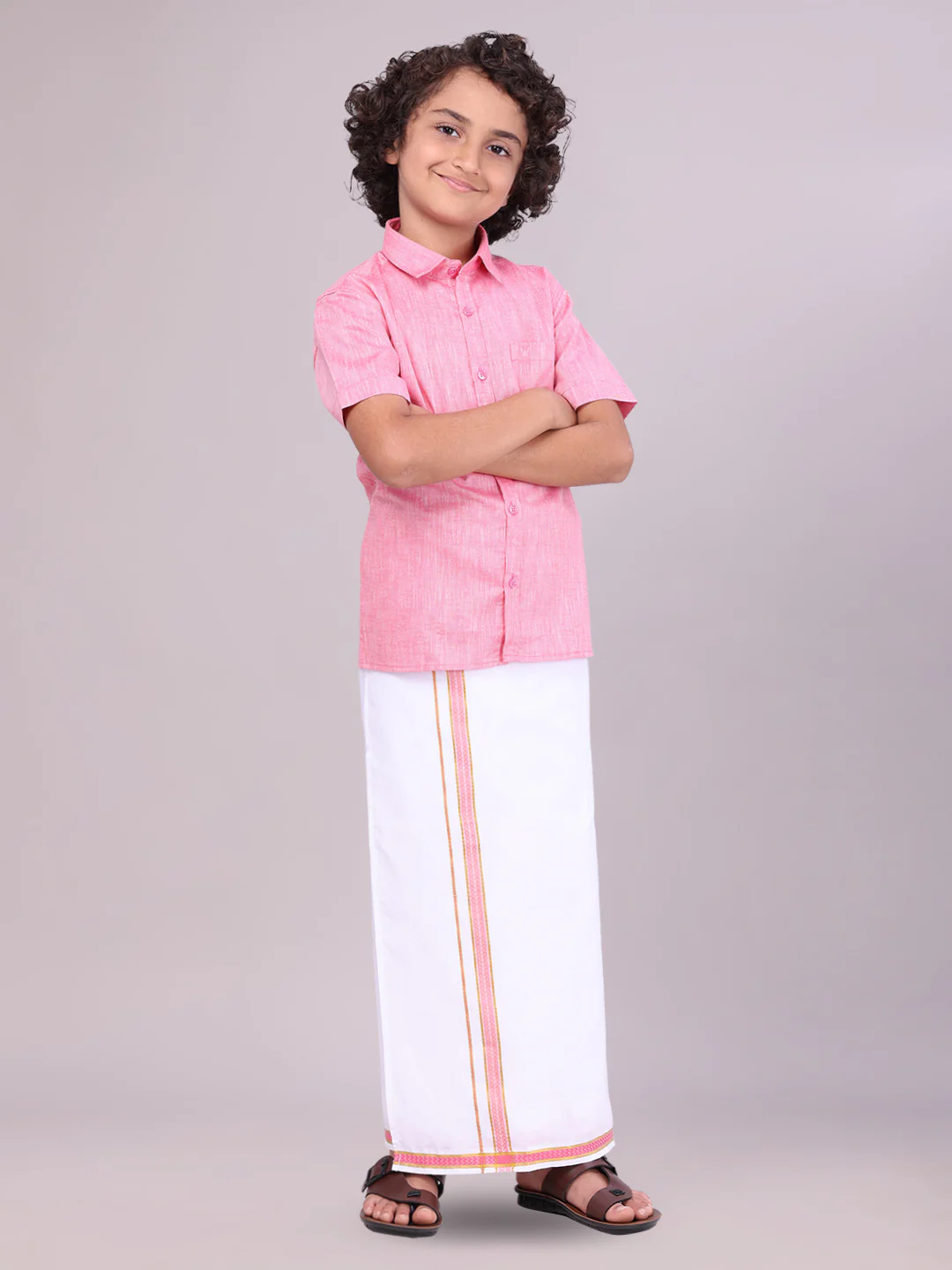 Boys Matching Half Sleeves Shirt with Flexi Dhoti Combo Pink Polite Boy - Image 3