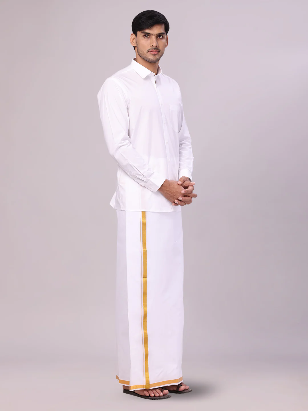Mens Pure Cotton White Wedding Shirt Gold Jari Dhoti Towel Belt Combo - Subharaagam - Image 4