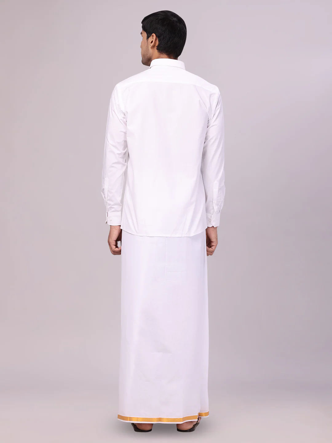 Mens Pure Cotton White Wedding Shirt Gold Jari Dhoti Towel Belt Combo - Subharaagam - Image 5