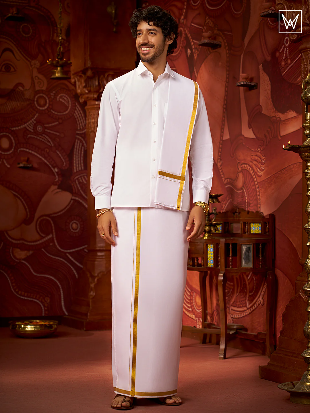 Mens Pure Cotton White Wedding Shirt Gold Jari Dhoti Towel Belt Combo - Subharaagam - Image 6