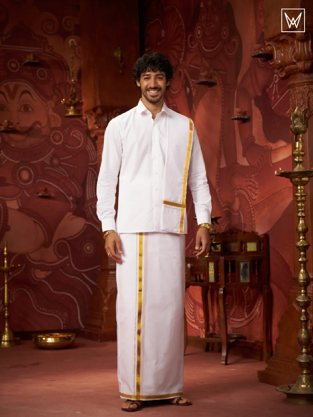 Mens Pure Cotton White Wedding Shirt Gold Jari Dhoti Towel Belt Combo - Subharaagam - Image 7