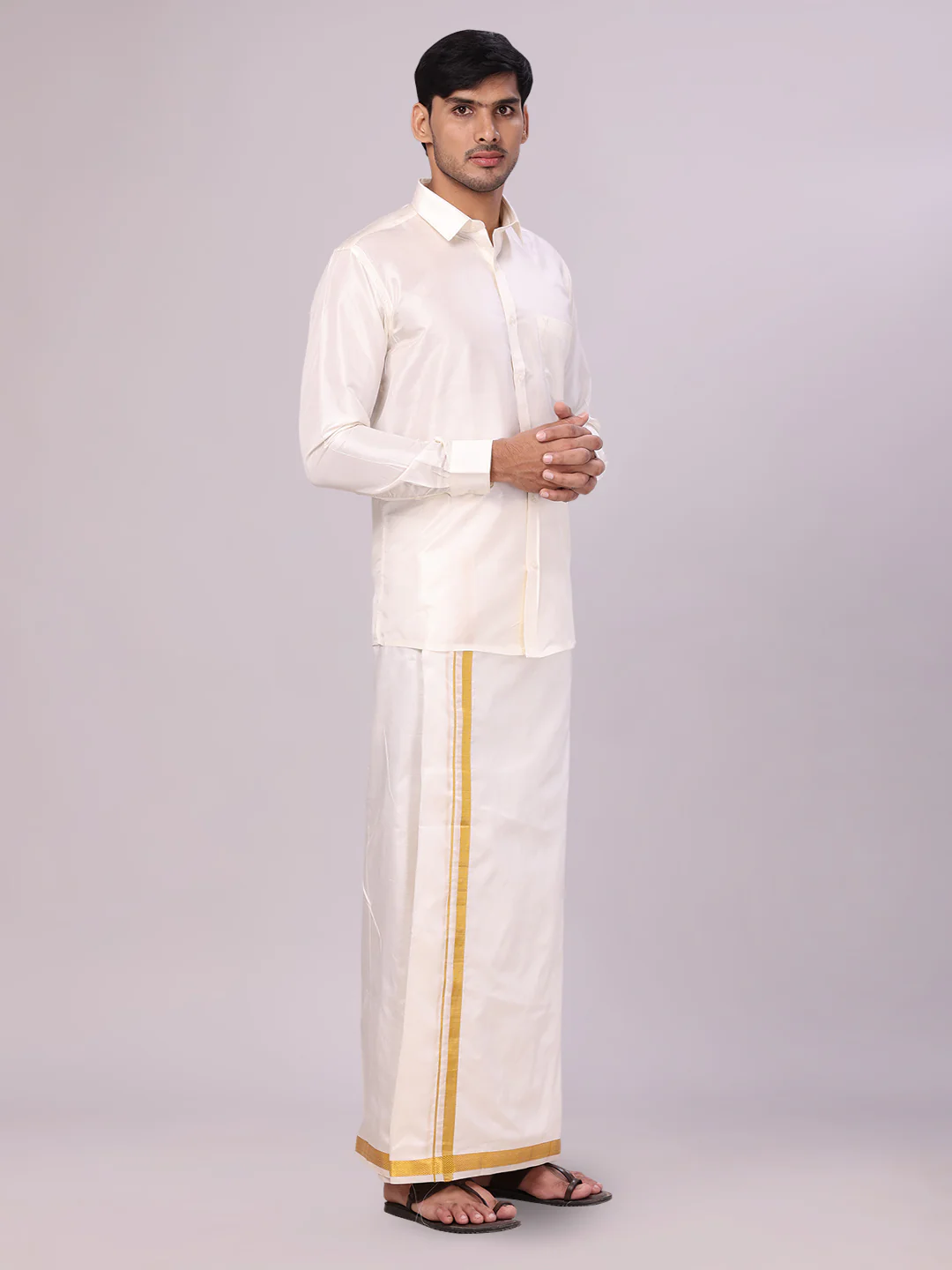 Men's Pure Silk Wedding Cream Shirt, Dhoti, Nerial with Belt Combo - Nesam 50K - Image 3
