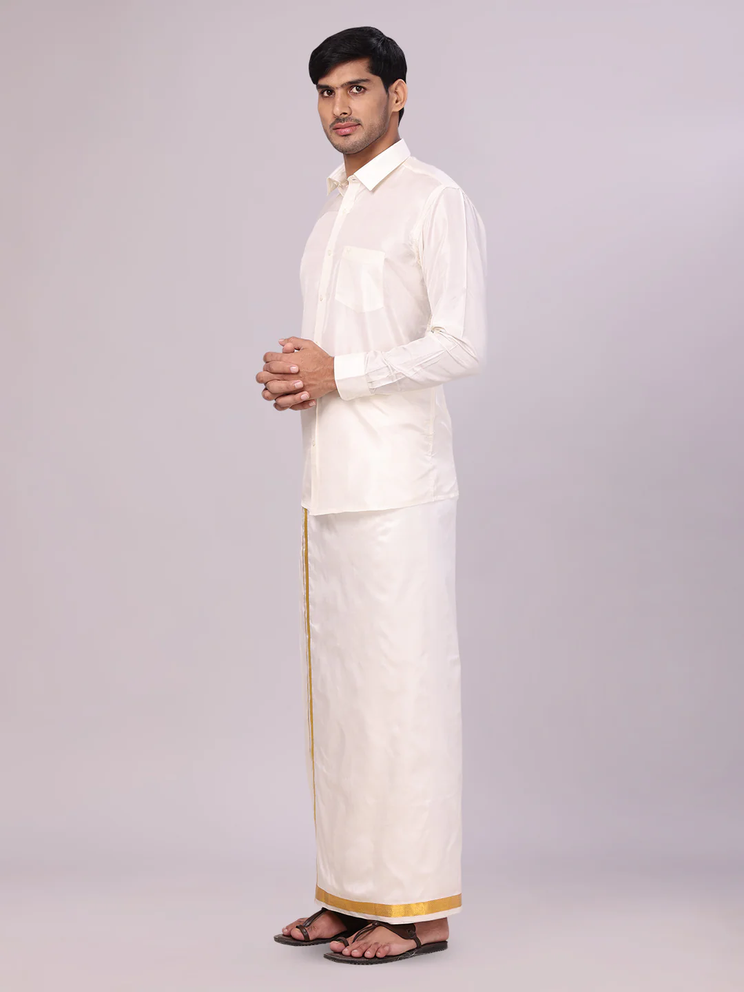 Men's Pure Silk Wedding Cream Shirt, Dhoti, Nerial with Belt Combo - Nesam 50K - Image 4