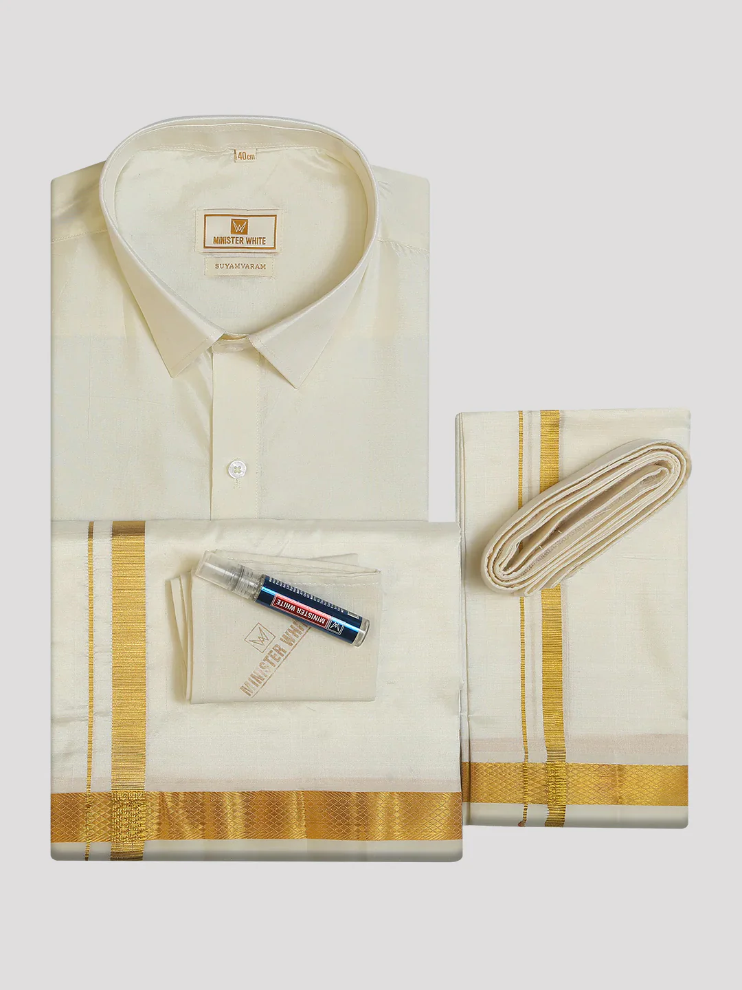 Men's Pure Silk Wedding Cream Shirt, Dhoti, Nerial with Belt Combo - Nesam 50K - Image 8