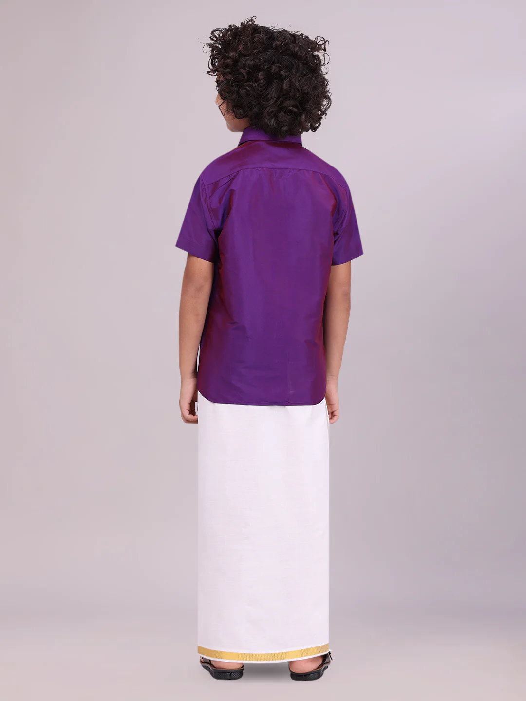Boys Dupion Satin Purple Half Sleeves Shirt with Gold Jari Flexi Dhoti Towel Combo Calm Boy - Image 4