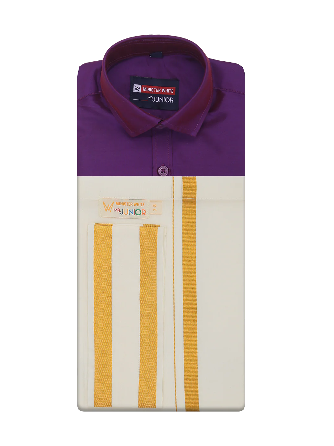 Boys Dupion Satin Purple Half Sleeves Shirt with Gold Jari Flexi Dhoti Towel Combo Calm Boy - Image 5