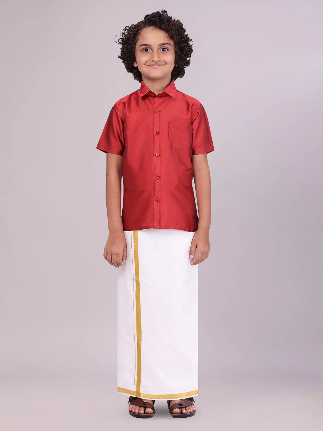Boys Dupion Satin Red Half Sleeves Shirt with Gold Jari Flexi Dhoti Towel Combo Calm Boy