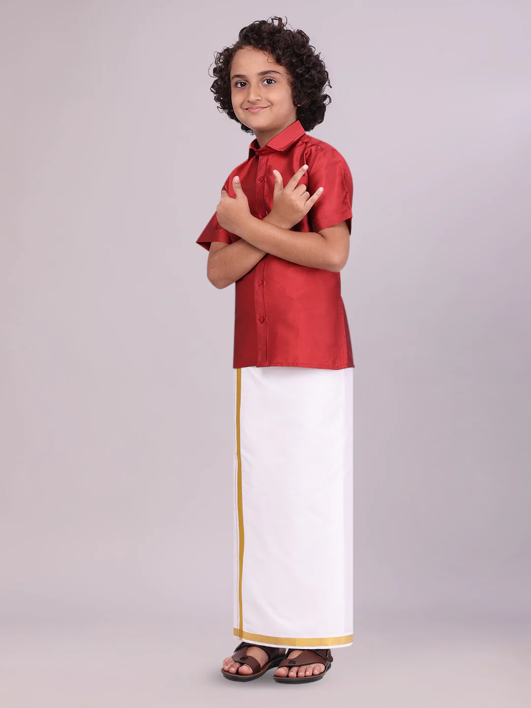 Boys Dupion Satin Red Half Sleeves Shirt with Gold Jari Flexi Dhoti Towel Combo Calm Boy - Image 2
