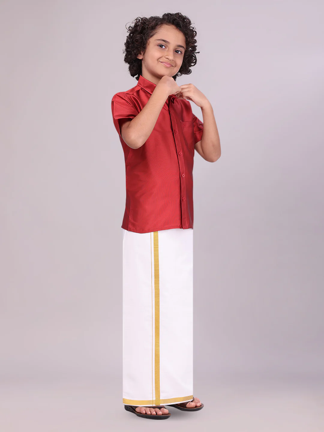 Boys Dupion Satin Red Half Sleeves Shirt with Gold Jari Flexi Dhoti Towel Combo Calm Boy - Image 3