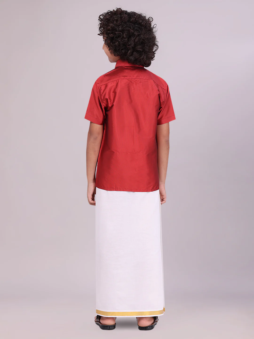 Boys Dupion Satin Red Half Sleeves Shirt with Gold Jari Flexi Dhoti Towel Combo Calm Boy - Image 4