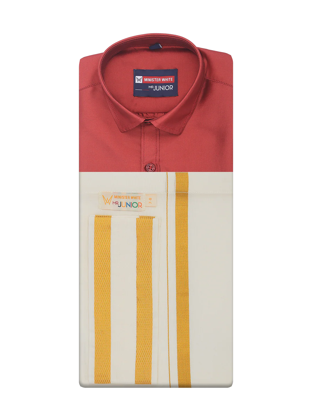 Boys Dupion Satin Red Half Sleeves Shirt with Gold Jari Flexi Dhoti Towel Combo Calm Boy - Image 5